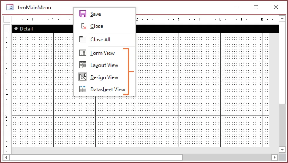 A open pane displays options for Save, Close, Close All, Form View, Layout View, Design View, and Datasheet View. The last four views are highlighted.