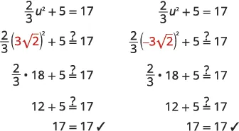 Verification of two solutions, u = 3√2 and u = -3√2, for the equation (2/3)u^2 + 5 = 17, showing step-by-step calculations that confirm both values satisfy the equation.