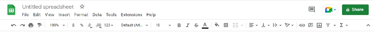 Toolbar options: Undo, Redo, Print, Paint format, Zoom, Format as currency/percent, Decrease/Increase decimal places, More formats, Font type/size, Font formatting, Border lines, Alignment, Text wrapping/rotation, Linking, Commenting, Adding graph, filter, function.