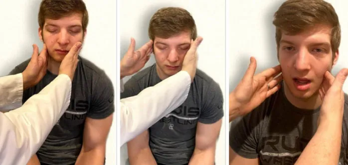 Photo showing simulated patient being assessed for trigeminal motor function