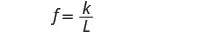 The mathematical formula shown is f = k/L, where 'f' is equal to 'k' divided by 'L'. This equation represents a relationship between three variables, often seen in physics or engineering contexts.