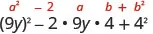 The algebraic expression (9y)^2 - 2 * 9y * 4 + 4^2, illustrating the perfect square trinomial identity a^2 - 2ab + b^2, with 'a' as 9y and 'b' as 4.