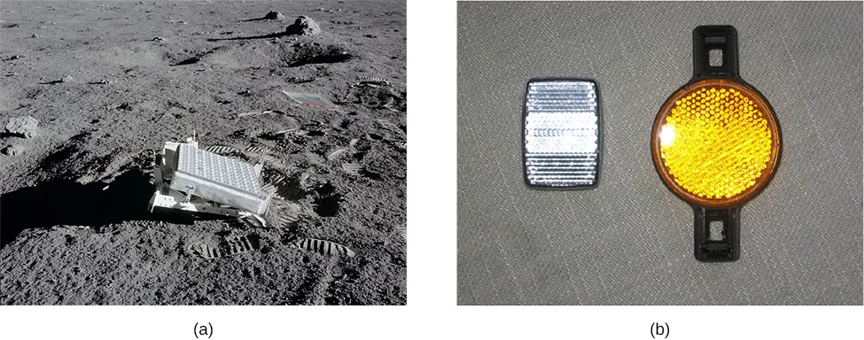La figura a es una fotografía de un astronauta colocando un reflector de esquina en la Luna. La figura b es una fotografía de dos reflectores de seguridad para bicicletas.