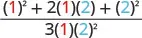 A mathematical fraction with a numerator expanded as (1)^2 + 2(1)(2) + (2)^2 and a denominator as 3(1)(2)^2, featuring red and blue colored numbers.
