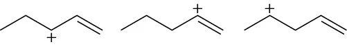 The structure of three 1-pentene carbocations, with positive charges at C 3, C 2, and C 4.