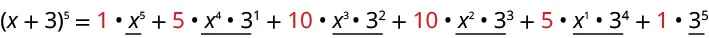 The binomial expansion of (x+3)⁵, showing the sum of terms where each term consists of a binomial coefficient (highlighted in red), a decreasing power of x, and an increasing power of 3. The coefficients are 1, 5, 10, 10, 5, 1, corresponding to Pascal's triangle for n=5.