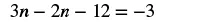A mathematical equation is displayed on a white background, which reads '3n - 2n - 12 = -3'.