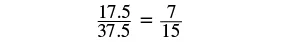 A mathematical equation displays the fraction 17.5/37.5 simplified to 7/15, demonstrating equivalence between the two ratios.