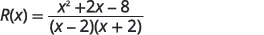 A rational function is displayed as R(x) = (x^2 + 2x - 8) / ((x - 2)(x + 2)).
