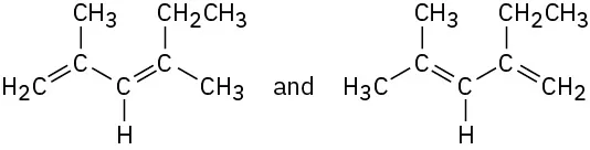 Chemical structures of 2-methyl-4-ethylhexa-1,3-diene on the left and 2-ethyl-4-methylpenta-1,3-diene on the right.