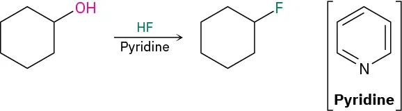 The reaction of cyclohexanol with HF in the presence of pyridine forms fluorocyclohexane. Pyridine is shown as a six-membered aromatic ring containing five carbon atoms and one nitrogen.