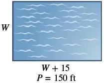 A rectangular body of water with width W and length W+15. The perimeter of the rectangle is given as P=150 ft.