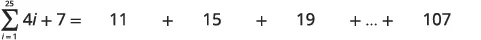 A mathematical equation showing the expansion of the summation of 4i + 7 from i=1 to 25, resulting in the series 11 + 15 + 19 + ... + 107.