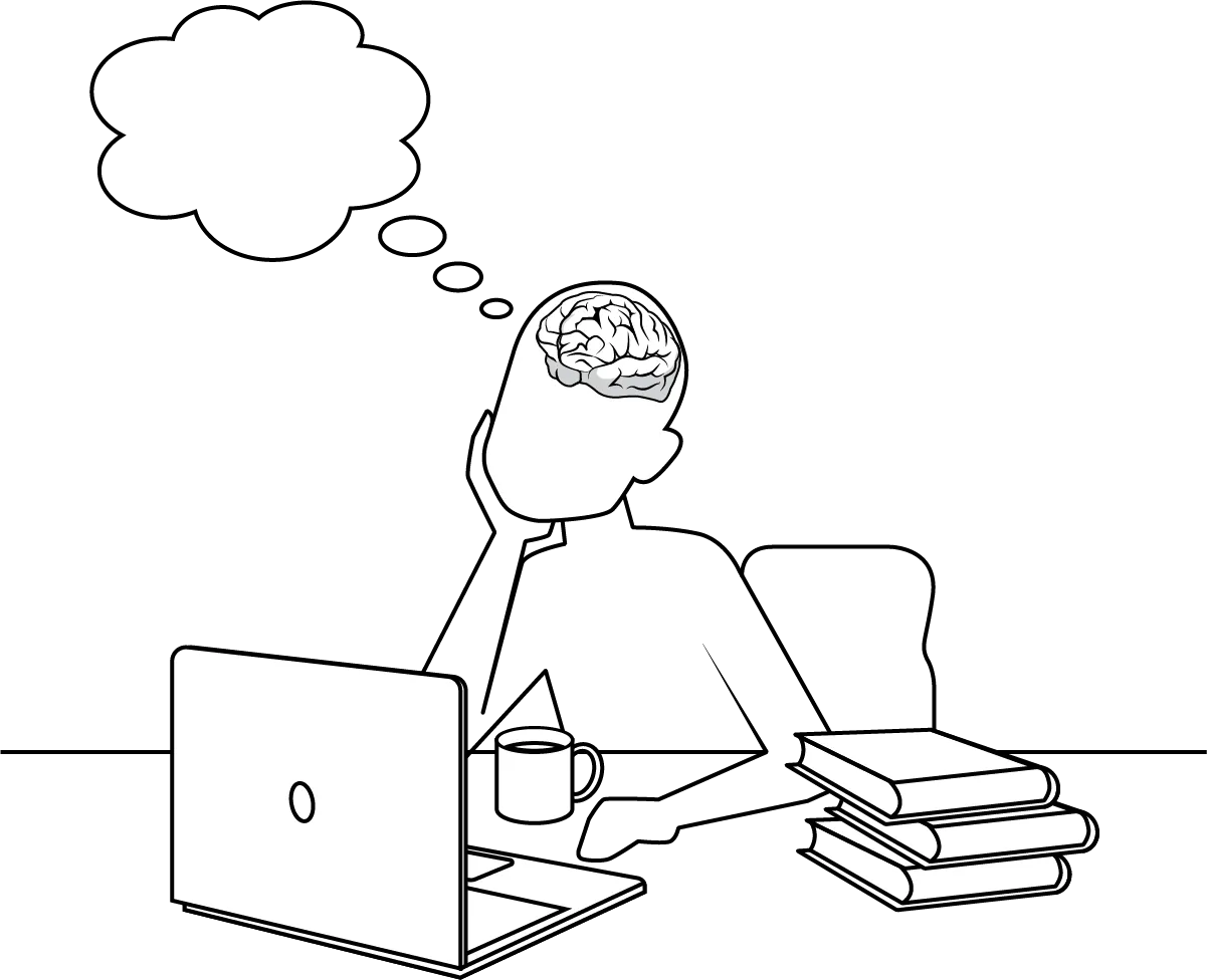 Silhouette of seated human figure, with the brain outlined within the skull. A thought bubble rises from the figure’s head.