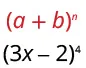 The image displays two mathematical expressions: the general form of a binomial expansion, (a + b)^n, and a specific example, (3x - 2)^4.