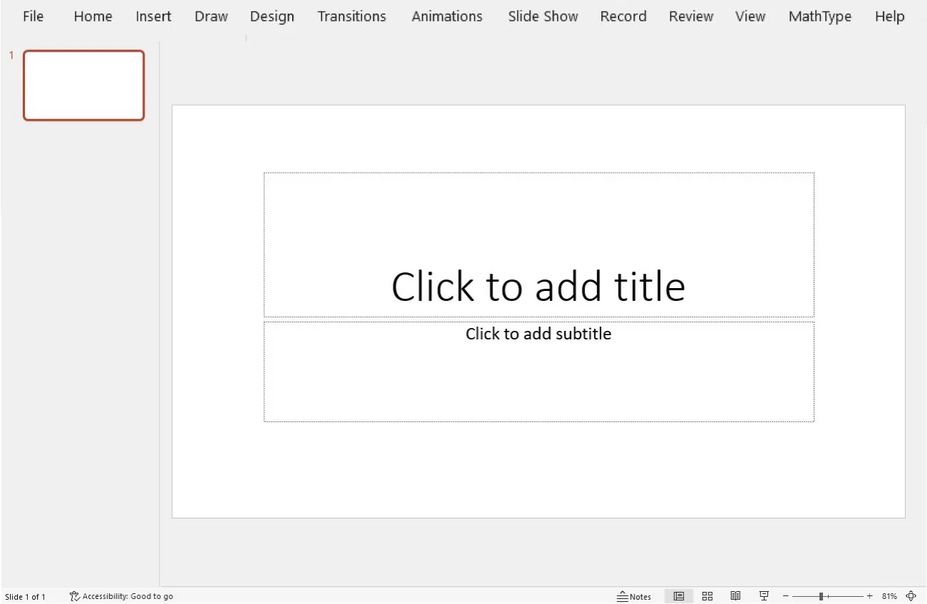 A screenshot of a blank PowerPoint presentation page with two boxes visible with suggestions for fonts and locations for inserting text.