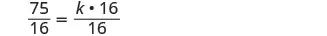 A mathematical equation shows a fraction 75/16 on the left side, equated to a fraction (k * 16)/16 on the right side, indicating an algebraic step to solve for k.