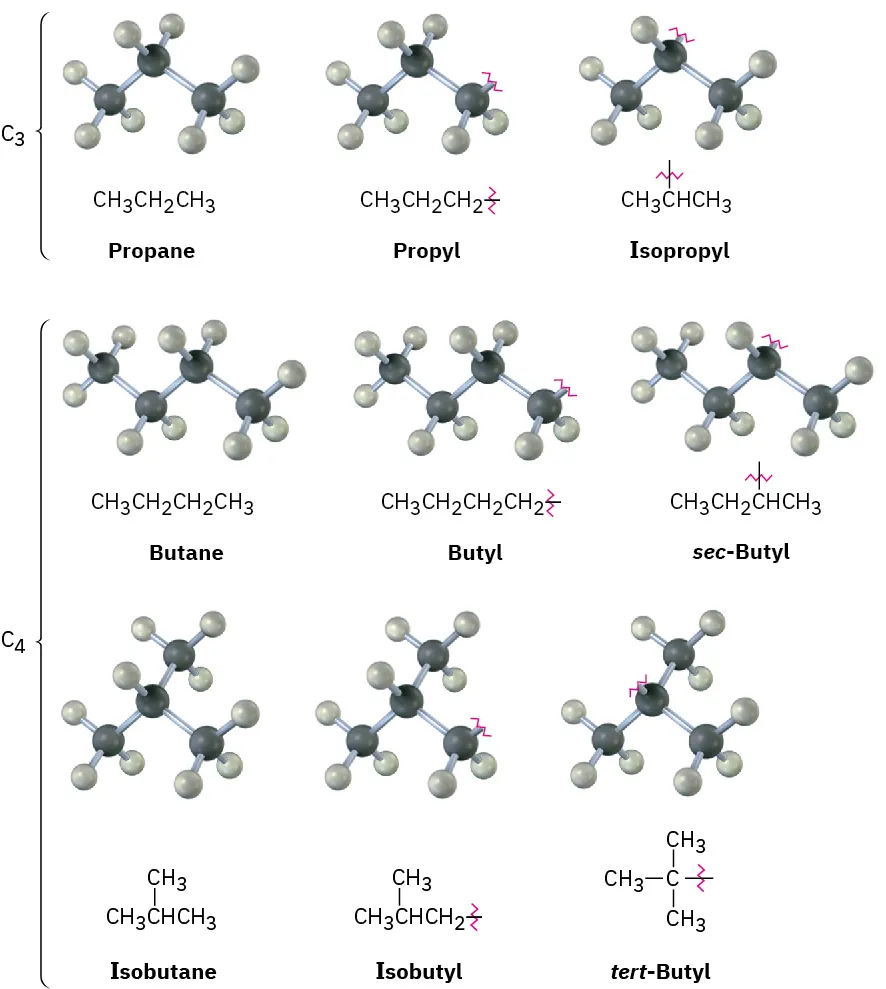 The molecular structures and ball and stick models of propane, propyl, isopropyl, butane, butyl, sec-butyl, isobutane, isobutyl, and tert-butyl. Black and grey spheres represent carbon and hydrogen, respectively.