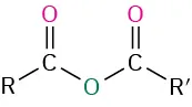 The structure of an acid anhydride where two carbonyl groups are linked by an oxygen atom. An R group is attached to one of the carbonyls and an R dash group to the other.