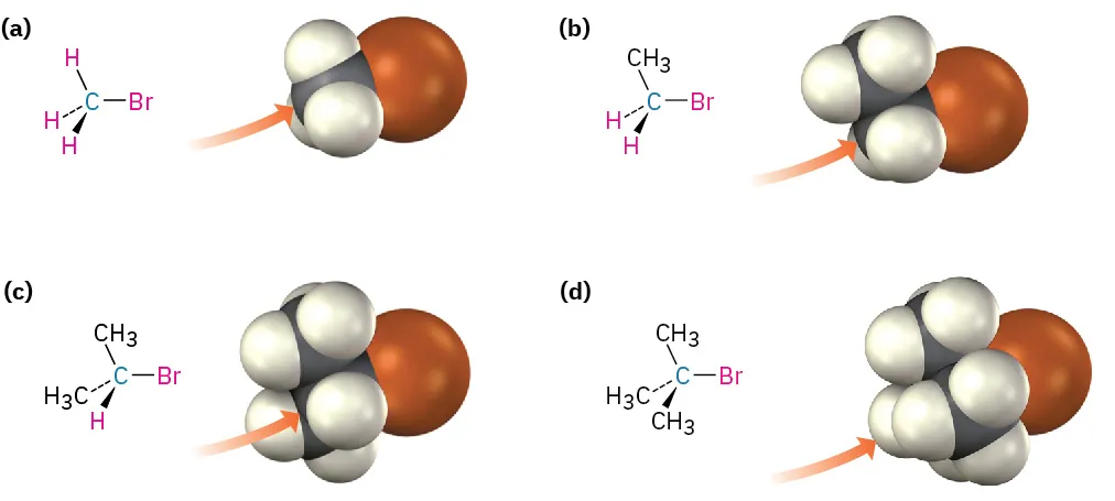 The figure shows the structures and space-filling models of four compounds. The substrate carbon is more accessible to nucleophilic attack (less hindered) in methyl bromide and most hindered in t-butylbromide.