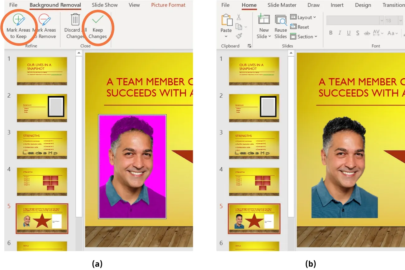 Image A shows an open PowerPoint screen with the Background Removal option selected. The areas to be removed are highlighted in bright purple. Image B shows the background removed.