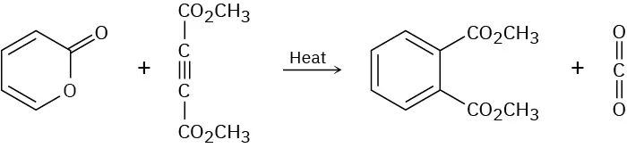 A five-carbon cyclic ester reacts with alkyne having two esters in heat to form a benzene ring bonded with two esters and carbon dioxide as the second product.