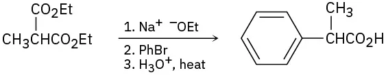 Diethyl 2 methylmalonate is treated first with sodium ethoxide, then with bromobenzene, and finally heated in the presence of acid to produce 2-methyl-2-phenylethanoic acid.