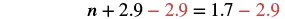 An algebraic equation showing the step of subtracting 2.9 from both sides: n + 2.9 - 2.9 = 1.7 - 2.9, with the subtracted 2.9 highlighted in red.