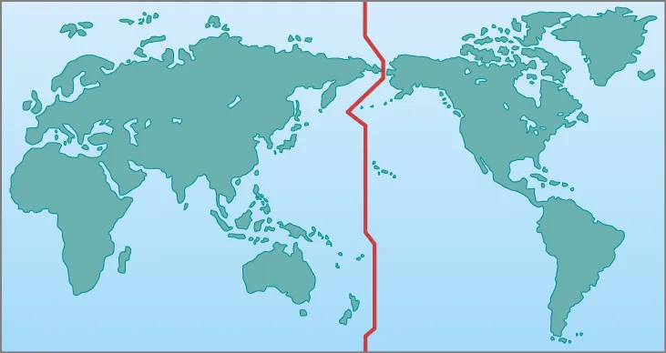 Map of the Earth Indicating the International Date Line. On this map, centered on the Pacific Ocean, a red line representing the IDL is drawn from north to south across the entire Pacific. It zig-zags a bit to avoid crossing landmasses or islands.
