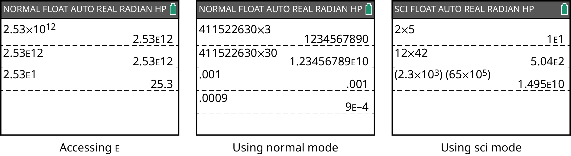 Three Desmos online calculator screens show accessing E, using normal mode, and using sci mode. The first screen labeled normal float auto real radian HP has three rows. The first row reads, 2.53 times 10 power 12 on the left and 2.53 E 12 on the right. The second row reads, 2.53 E 12 on the left and 2.53 E 12 on the right. The third row reads, 2.53 E 1 on the left and 25.3 on the right. The second screen labeled normal float auto real radian HP has four rows. The first row reads, 411522630 times 3 on the left and 1234567890 on the right. The second row reads, 411522630 times 30 on the left and 1.23456789 E 10 on the right. The third row reads, 0.001 on the left and 0.001 on the right. The fourth row reads, 0.0009 on the left and 9 E minus 4 on the right. The third screen labeled sci float auto real radian HP has three rows. The first row reads, 2 times 5 on the left and 1 E 1 on the right. The second row reads, 12 times 42 on the left and 5.04 E 2 on the right. The third row reads, (2.3 times 10 power 3) (65 times 10 power 5) on the left and 1.495 E 10 on the right.