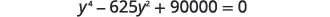 An algebraic equation: y to the fourth power minus six hundred twenty-five times y squared plus nine thousand equals zero.