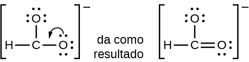 Se muestran dos diagramas de Lewis con la palabra "da" entre ellos. El diagrama de la izquierda, entre corchetes y con un superíndice de signo negativo, muestra un átomo de carbono unido a dos átomos de oxígeno, cada uno con tres pares solitarios de electrones. El átomo de carbono también forma un enlace simple con un átomo de hidrógeno. Una flecha curva señala desde un par solitario en uno de los átomos de oxígeno hasta el átomo de carbono. El diagrama de la derecha, entre corchetes y con un signo negativo en superíndice, muestra un átomo de carbono con enlace simple a un átomo de oxígeno con tres pares solitarios de electrones, con doble enlace a un átomo de oxígeno con dos pares solitarios de electrones y con enlace simple a un átomo de hidrógeno.