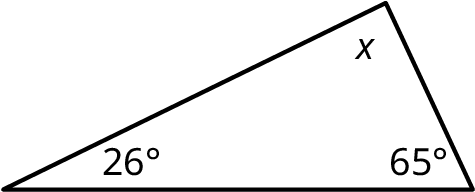 A triangle with its interior angles marked x, 26 degrees, and 65 degrees.