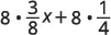 The mathematical expression 8 times 3 over 8x plus 8 times 1 over 4 is shown on a white background.