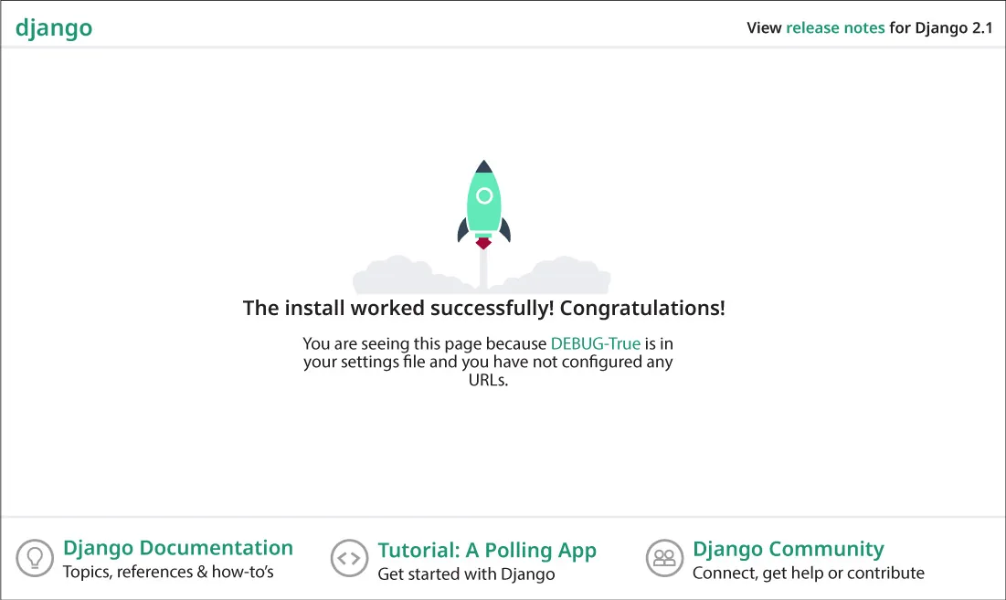 Django page shown once project setup is complete: The install worked successfully! Congratulations!