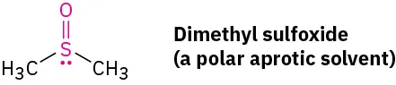 The structure of dimethyl sulfoxide which is a polar aprotic solvent. It comprises a central sulfur atom with electron pairs, two methyl groups, and a double bond to oxygen.