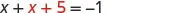 A math equation showing 'X + X + 5 = -1' with the second 'X' and '5' in a reddish hue, displayed against a white background.
