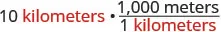 A mathematical expression demonstrates converting 10 kilometers to meters by multiplying by the conversion factor of 1,000 meters per 1 kilometer, illustrating unit conversion.