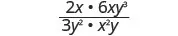 An algebraic fraction is displayed with the numerator '2x multiplied by 6xy^3' and the denominator '3y^2 multiplied by x^2y'.