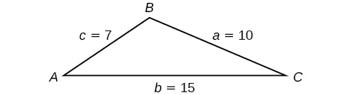 Triángulo con ángulos A, B y C y lados opuestos a, b y c, respectivamente. Lado a = 10, lado b - 15, y lado c = 7.