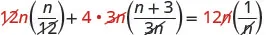 A mathematical equation with red numbers and variables indicating terms being canceled out or simplified. The equation shows 12n(n/2) + 4 * 3n((n+3)/3n) = 12n(1/n), with some denominators crossed out.