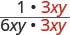 A fraction with 1 multiplied by 3xy in the numerator and 6xy multiplied by 3xy in the denominator. The 3xy term is highlighted in red, indicating a common factor for simplification.