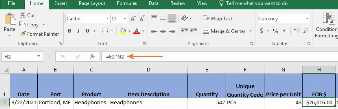 Excel ribbon with the Home tab selected and a spreadsheet. Cell H2 is selected and shows “$26,016.00” and “=E2*G2” typed in the formula bar. Currency is selected in the Number category.