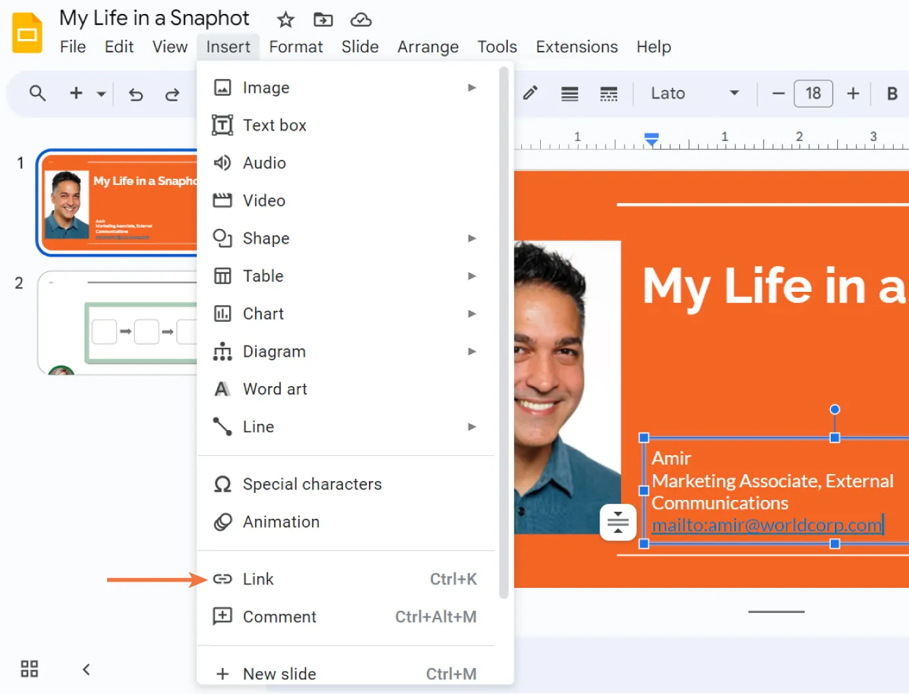 In the slide, a text box is selected with an email address highlighted inside. Insert is selected from the toolbar and the pane opens to a selection for Link.