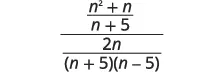 A complex algebraic fraction is displayed, with the numerator being (n^2 + n)/(n + 5) and the denominator being 2n/((n + 5)(n - 5)).