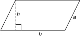 A parallelogram with its base labeled b and its width labeled a. A dotted line (labeled h) runs from the base to the top left corner of the parallelogram, creating a 90 degree angle.