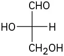 The central carbon is bonded to hydrogen on right, hydroxyl on left, C H O on the top and C H 2 O H on the bottom.