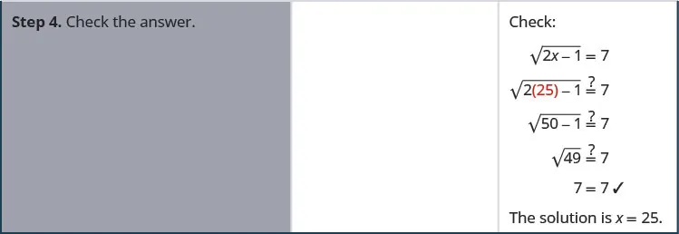 The fourth row says, “Step 4. Check the answer. Check:” It then indicates the square root of (2x minus 1) equals 7. This becomes the square root of (2 times 25 minus 1) equals 7. This becomes the square root of (50 minus 1) equals 7. This becomes the square root of 49 equals 7, and thus 7 equals 7. The figure then states, “The solutions is x equals 25.”