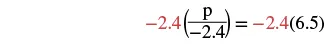 A mathematical equation shows '-2.4(P/-2.4) = -2.4(6.5)'. The number -2.4 is highlighted in red, indicating multiplication by -2.4 on both sides of the equation.