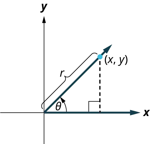 Two rays are plotted on an x y coordinate plane. Both rays begin at the origin. The first ray lies on the positive x-axis. The second ray lies in the first quadrant and a point, (x, y) is marked on the ray. The angle made by the two rays is marked theta. The distance from the origin to the point along the ray is labeled r.